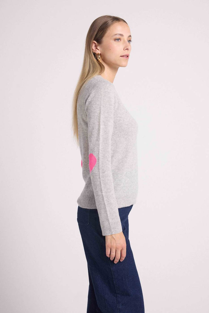 Pull Col Rond Coeur Coudes Zaime - Gris Clair Rose Fluo