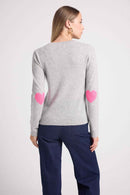 Pull Col Rond Coeur Coudes Zaime - Gris Clair Rose Fluo