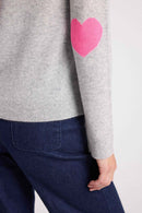 Pull Col Rond Coeur Coudes Zaime - Gris Clair Rose Fluo