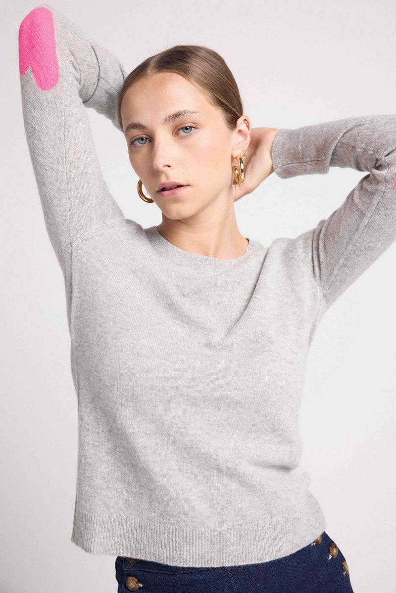 Pull Col Rond Coeur Coudes Zaime - Gris Clair Rose Fluo