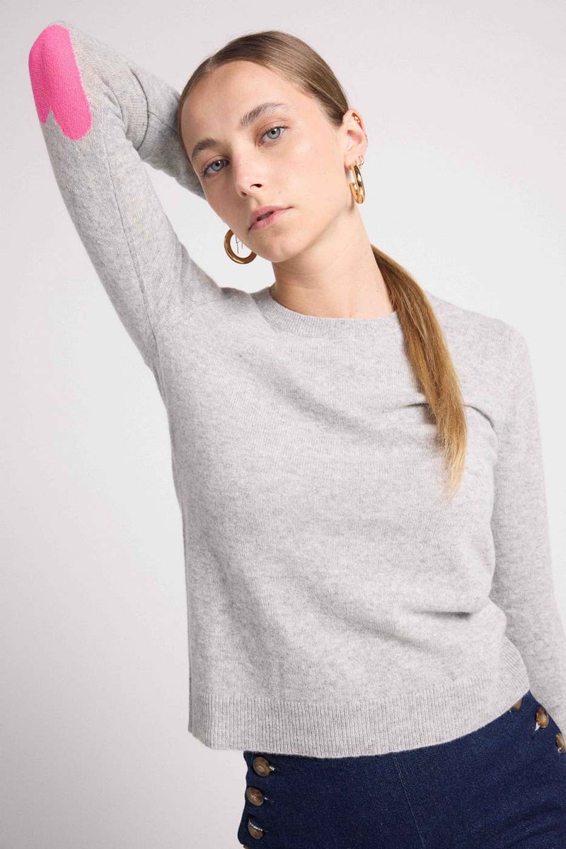 Pull Col Rond Coeur Coudes Zaime - Gris Clair Rose Fluo