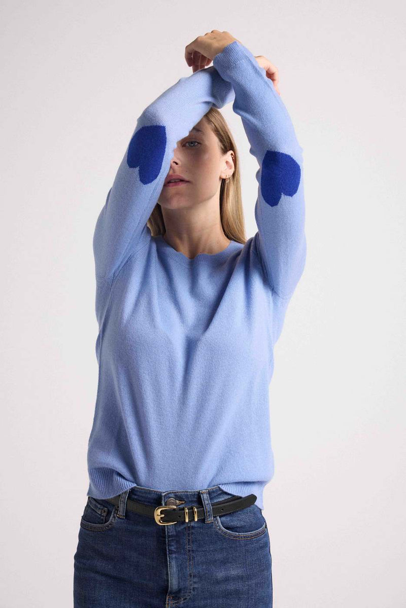 Pull Col Rond Coeur Coudes Zaime - Bleu Ciel Bleu Roi