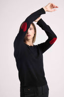 Zaime Hearts Crew Neck Sweater - Negro Con Corazones Rojos - 100% Cachemira Oeko-Tex - Mujer