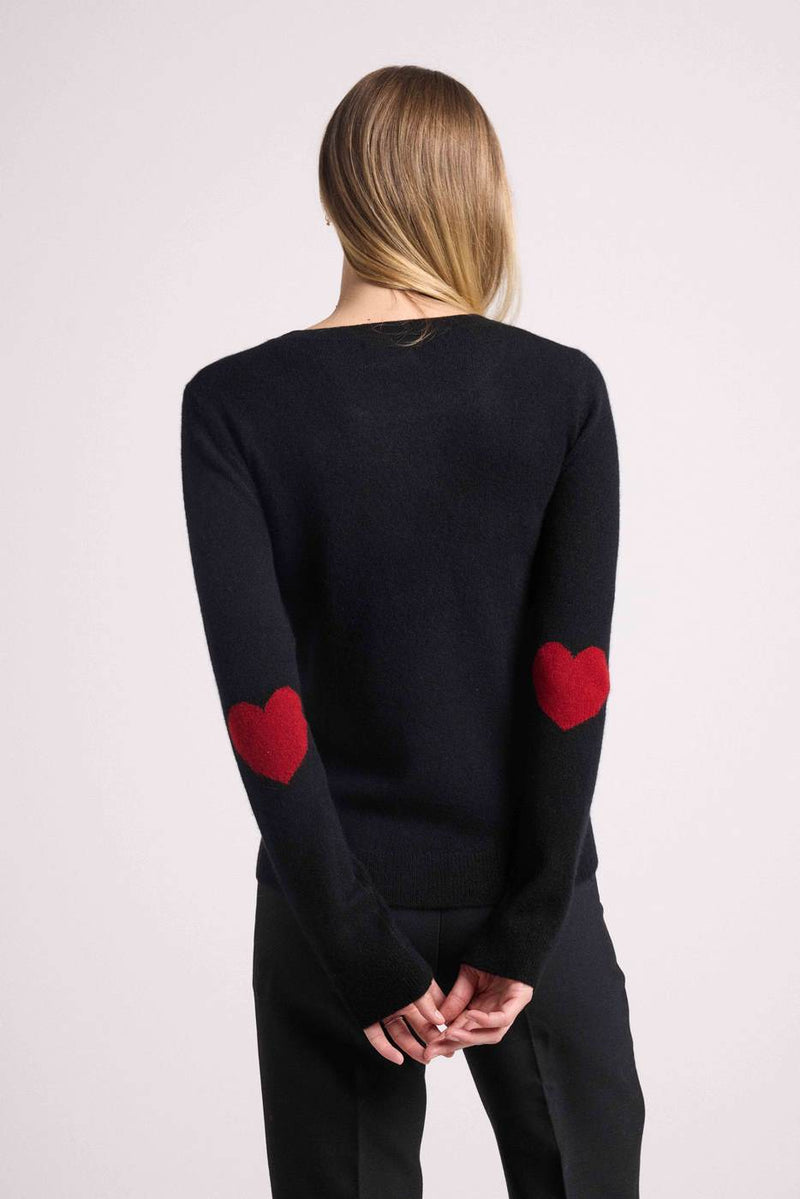 Zaime Hearts Crew Neck Sweater - Negro Con Corazones Rojos - 100% Cachemira Oeko-Tex - Mujer