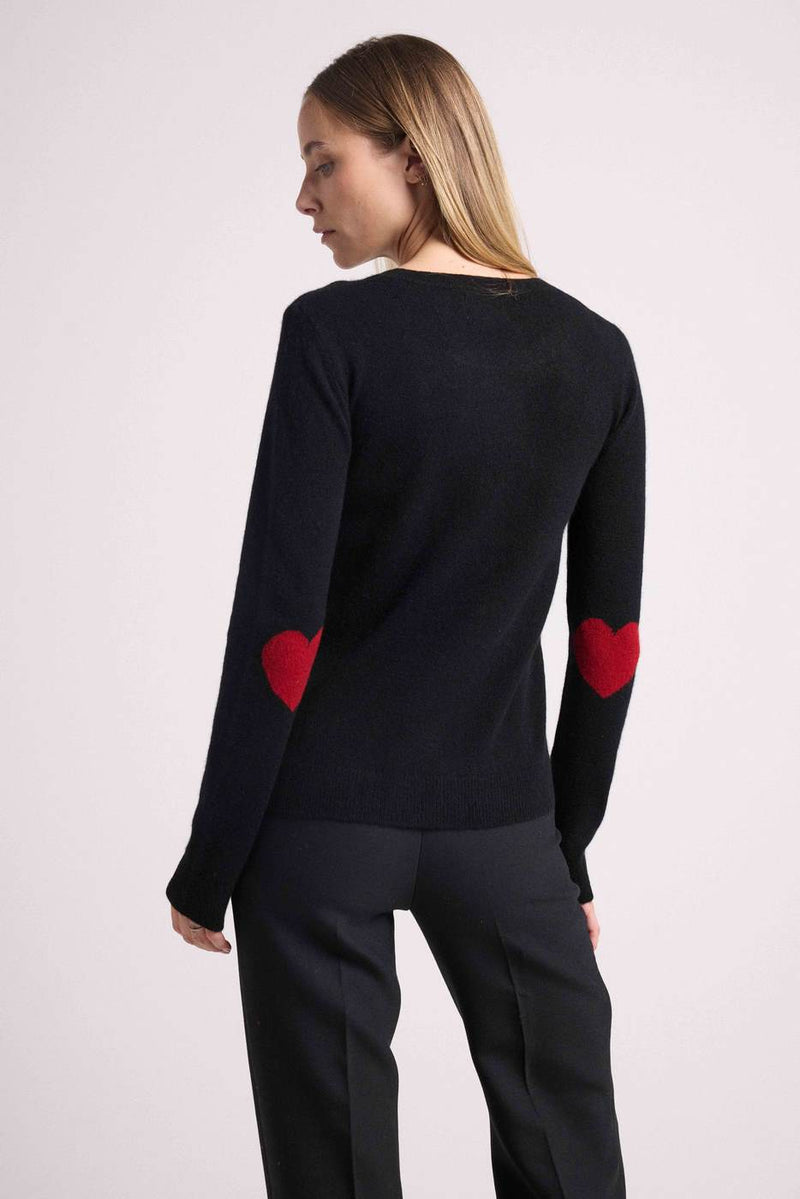 Zaime Hearts Crew Neck Sweater - Negro Con Corazones Rojos - 100% Cachemira Oeko-Tex - Mujer