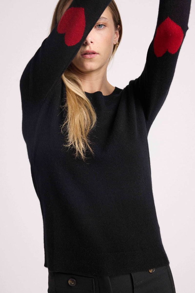 Zaime Hearts Crew Neck Sweater - Negro Con Corazones Rojos - 100% Cachemira Oeko-Tex - Mujer