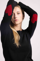 Zaime Hearts Crew Neck Sweater - Negro Con Corazones Rojos - 100% Cachemira Oeko-Tex - Mujer