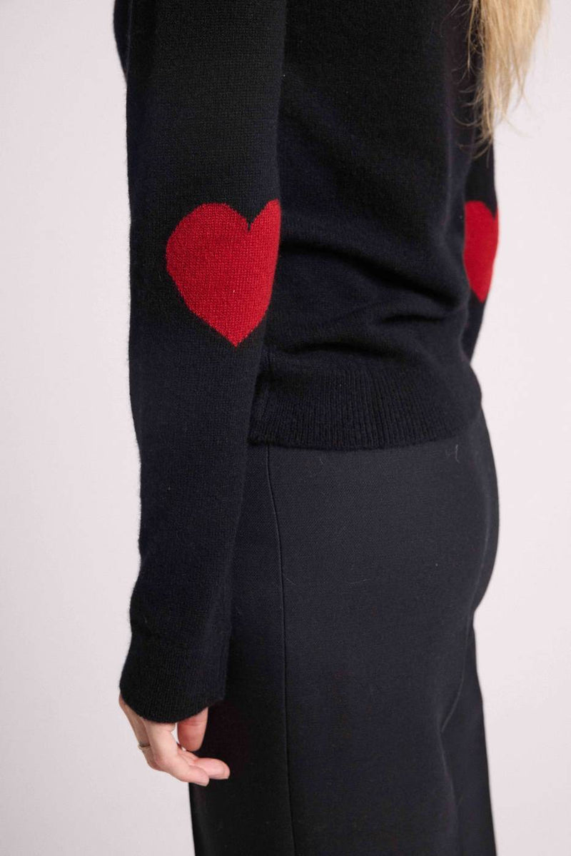 Zaime Hearts Crew Neck Sweater - Negro Con Corazones Rojos - 100% Cachemira Oeko-Tex - Mujer