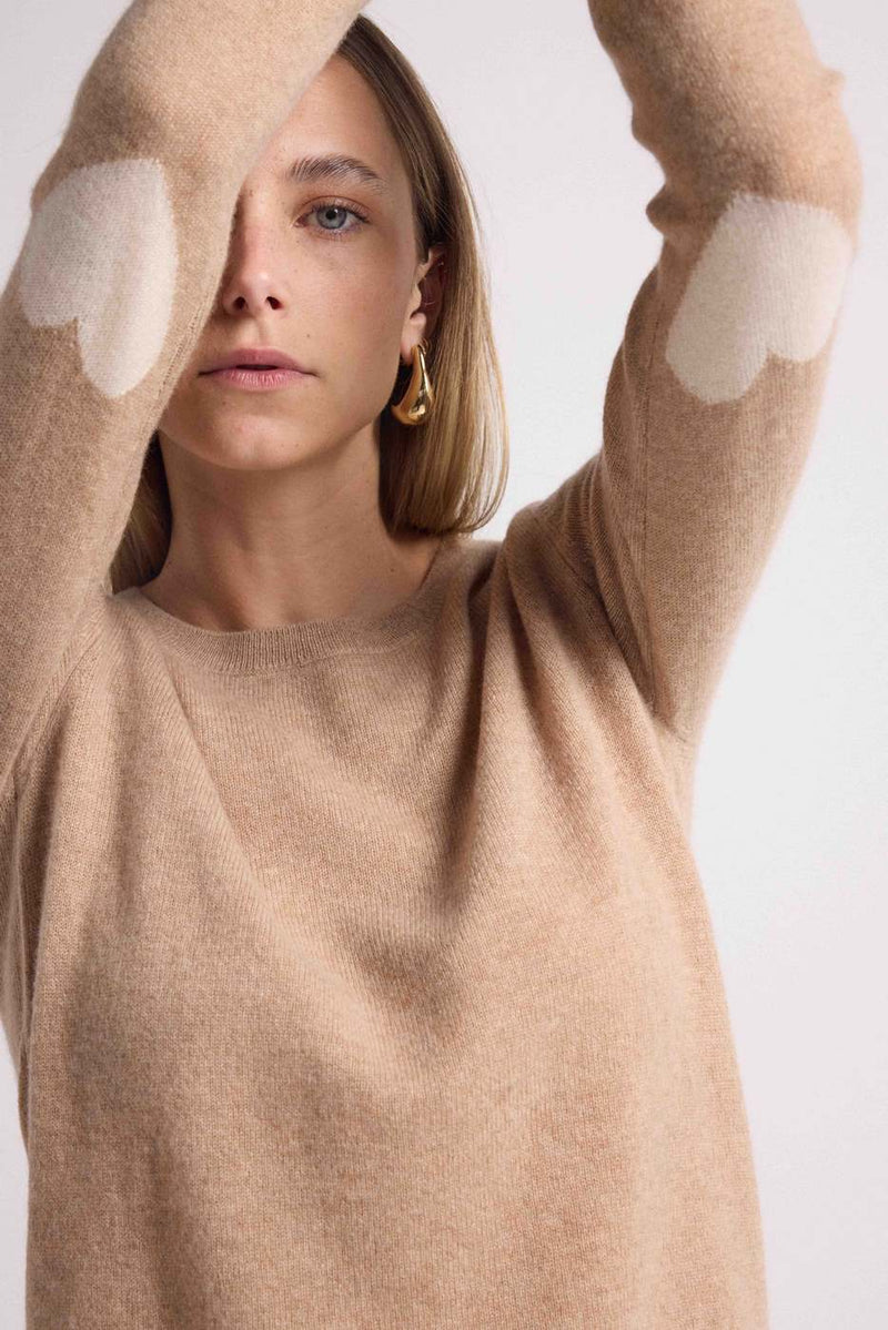 Pull Col Rond Coeur Coudes Zaime - Beige Crème Blanc