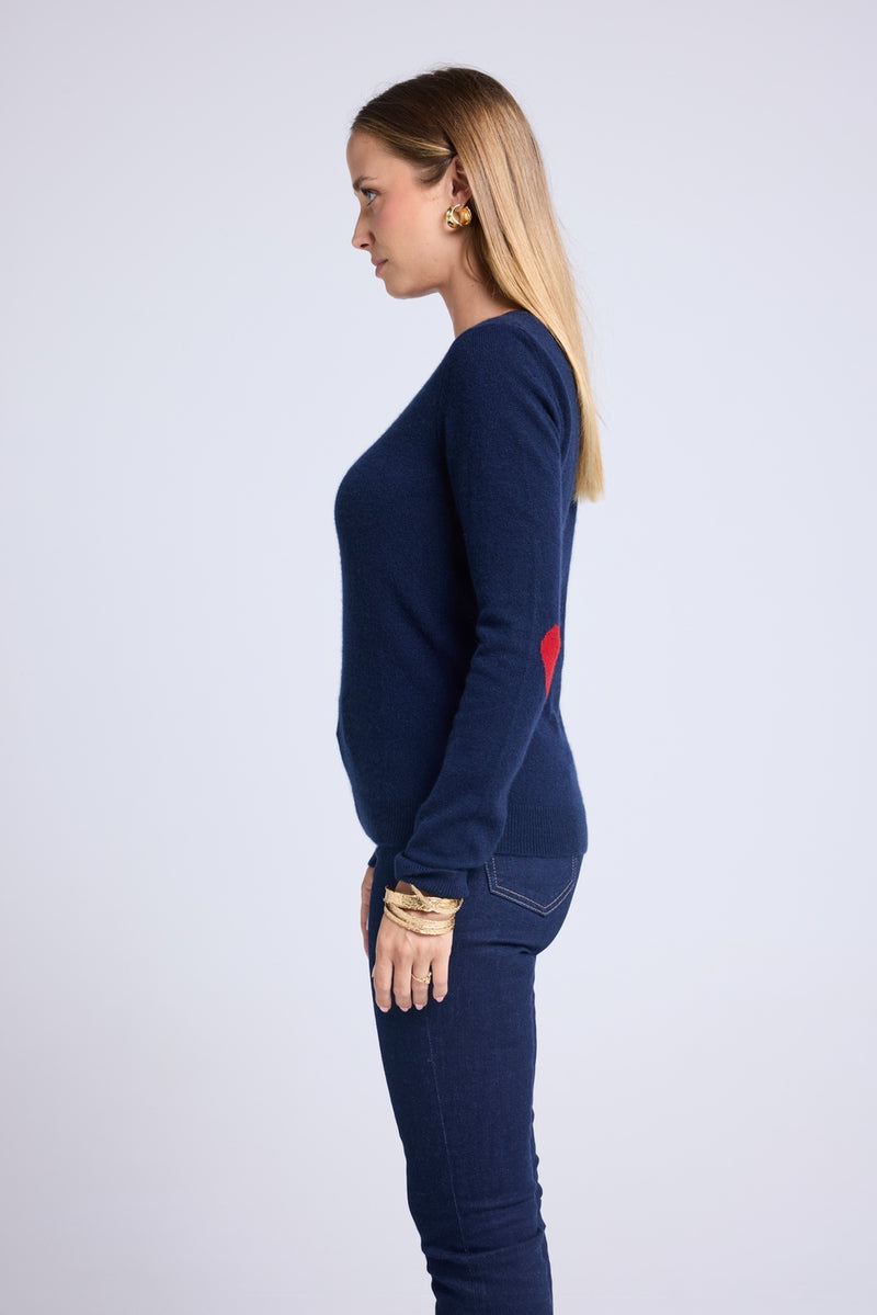 Pull Col Rond Coeur Coudes Zaime - Bleu Marine Rouge