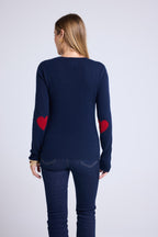 Jersey de Cuello Redondo con Corazones en los Codos Zaime - Azul Marino Rojo
