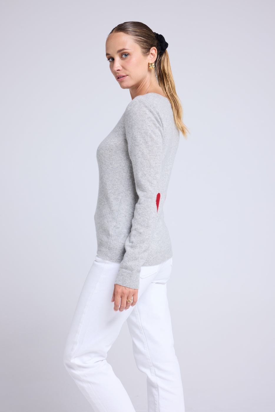 Maglione Girocollo Cuore Gomiti Zaime - Grigio Chiaro Rosso