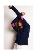 Zaime Crewneck Sweater - Navy Blue Fluorescent Pink - 100% Recycled Cashmere - Woman