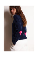 Zaime Crewneck Sweater - Navy Blue Fluorescent Pink - 100% Recycled Cashmere - Woman