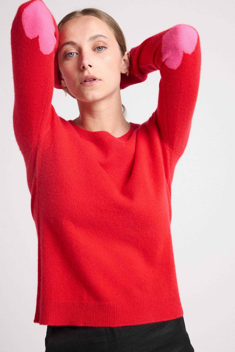 Pull Col Rond Coeur Coudes Zaime - Rouge Rose Fluo