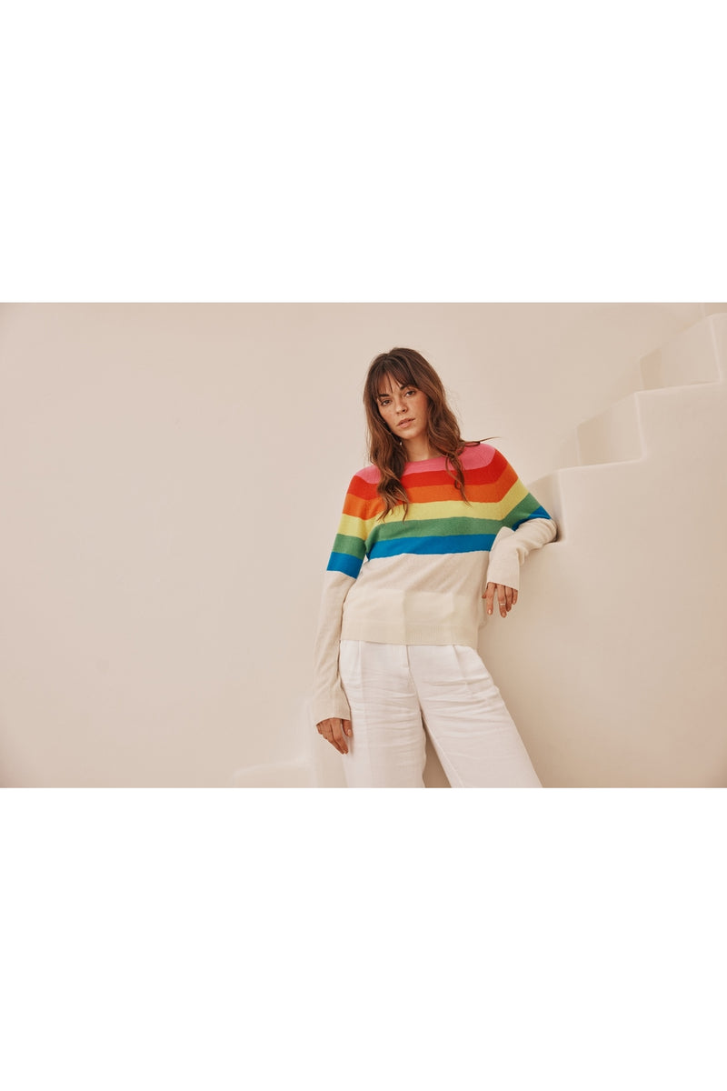 Zair Half Arc En Ciel Round Neck Sweater - Gardenia - 100% Oeko-Tex Cashmere - Woman