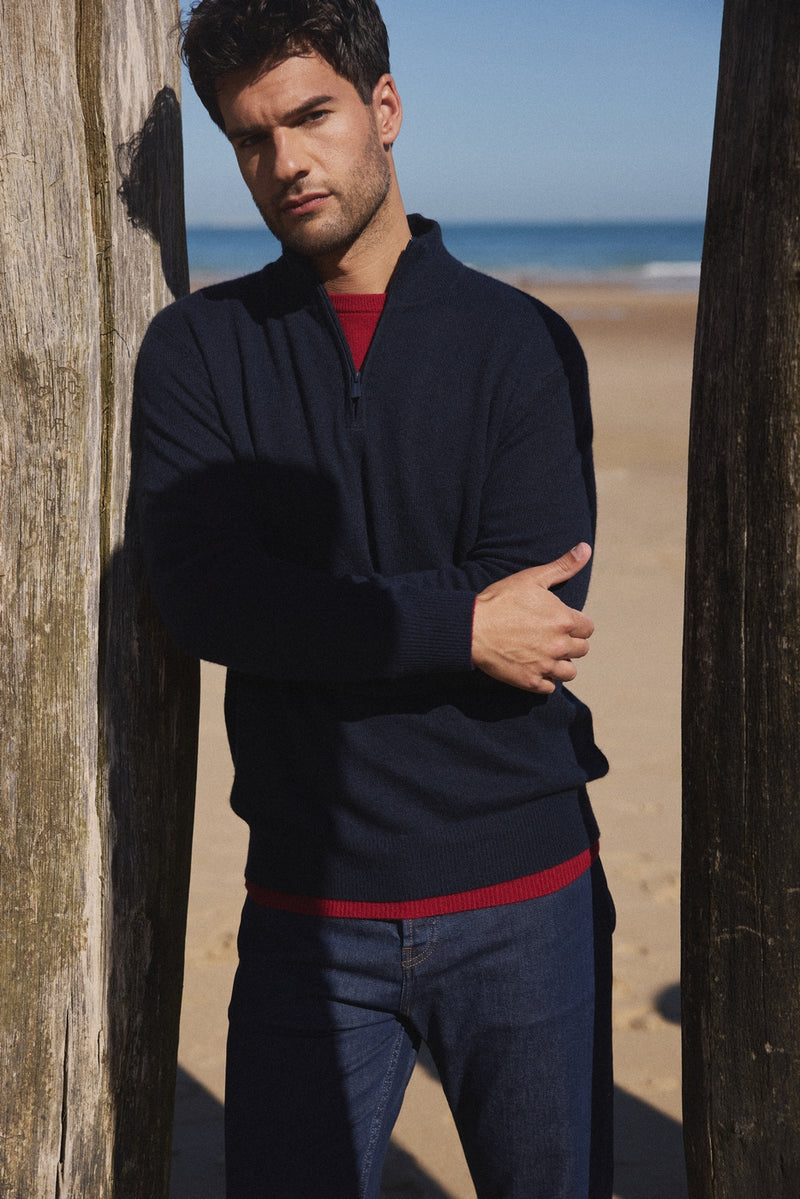 Zalman High Zip Neck Sweater - Navy - 100% Cashmere Oeko-Tex - Man