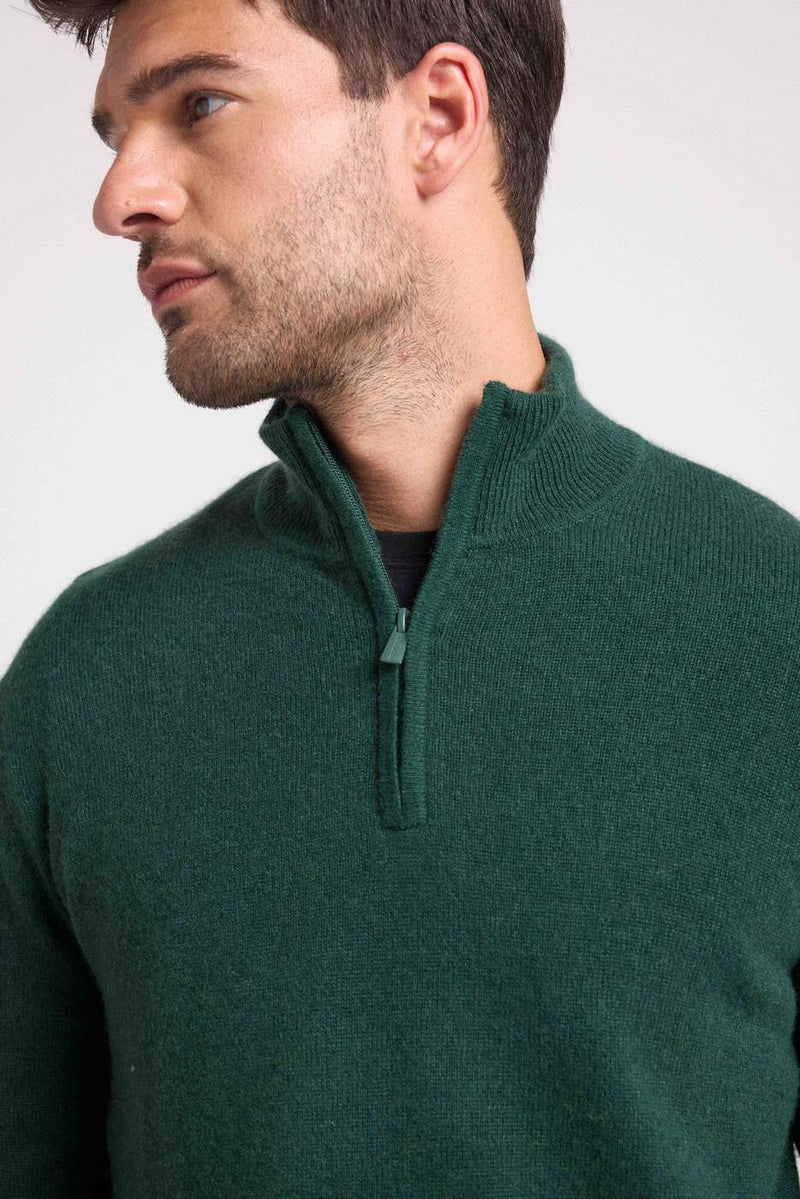 Pull Col Zippe Montant Zalman - Vert Bouteille - 100% Cachemire Oeko-Tex - Homme