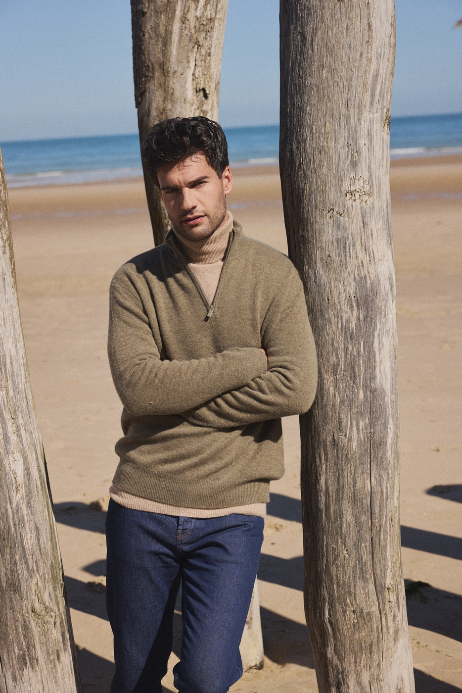 Zalman High Zip Collar Sweater - Khaki Green