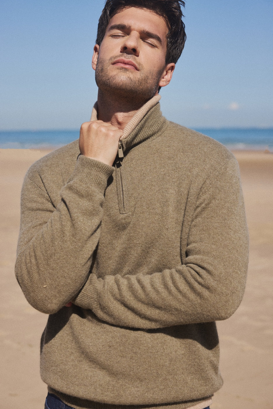Zalman High Zip Collar Sweater - Khaki Green