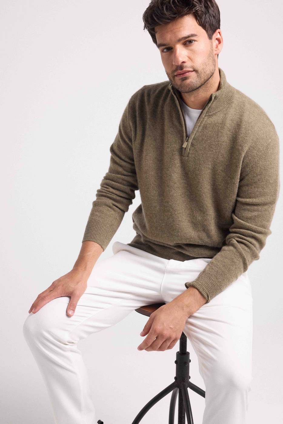 Zalman High Zip Collar Sweater - Khaki Green