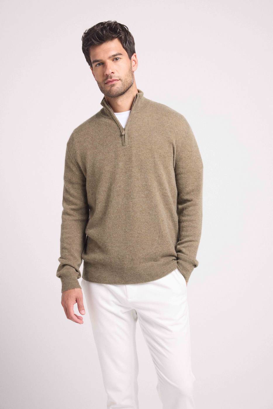 Zalman High Zip Collar Sweater - Khaki Green