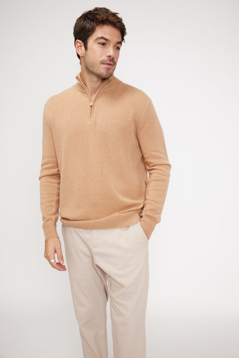 Zalman High Zip Neck Sweater - Beige - 100% Cashmere Oeko-Tex - Man