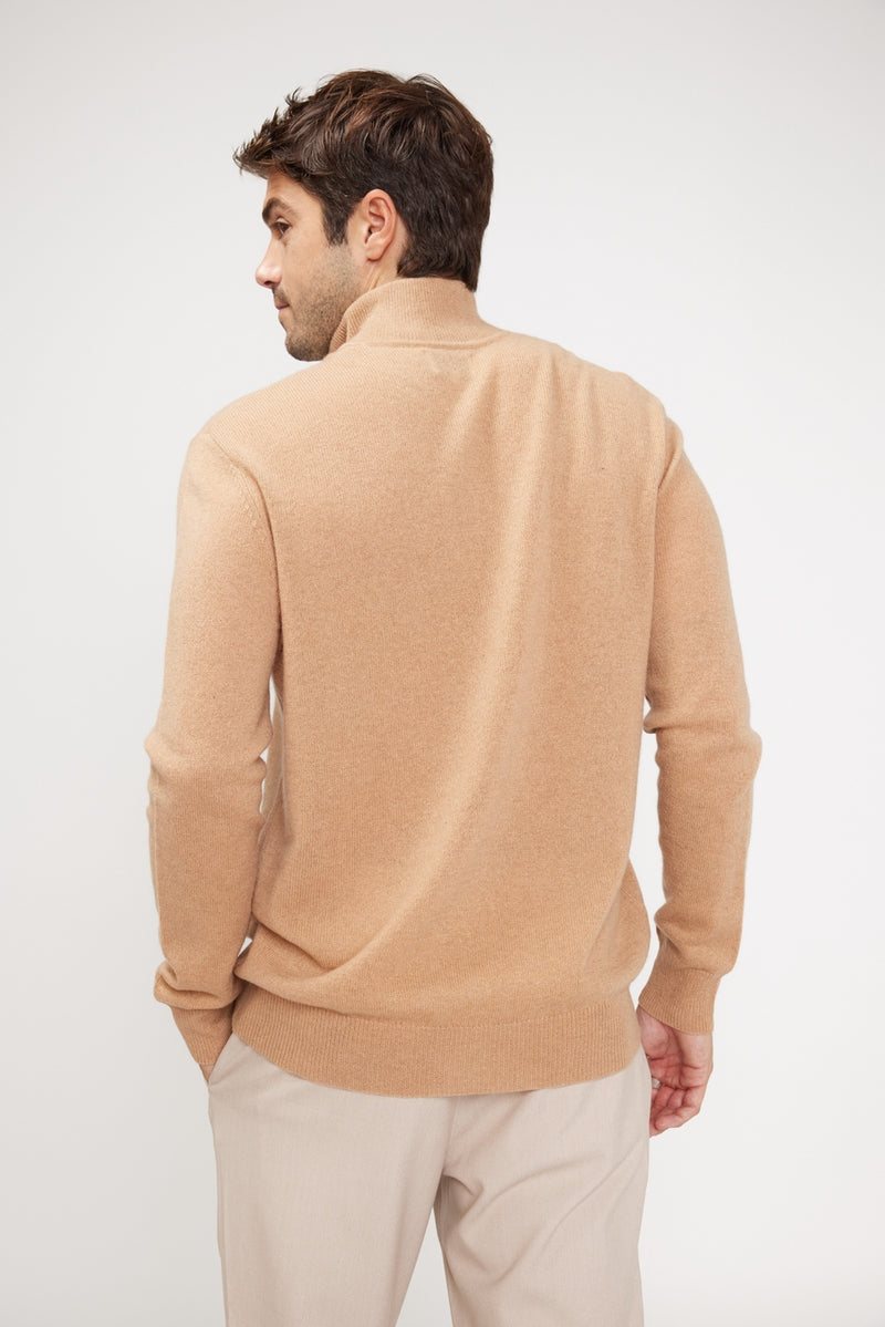 Zalman Suéter de cuello alto con cremallera - Beige - 100% Cachemira Oeko-Tex - Hombre