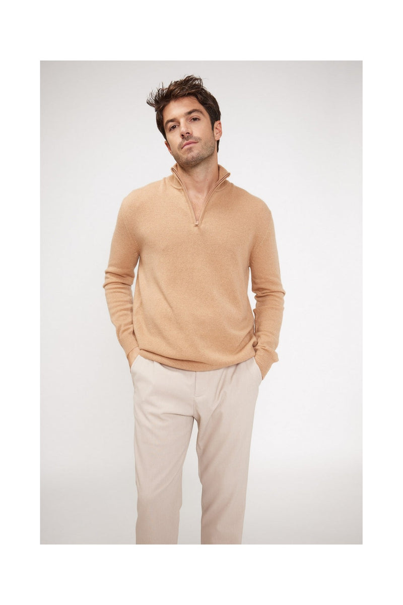 Zalman Suéter de cuello alto con cremallera - Beige - 100% Cachemira Oeko-Tex - Hombre