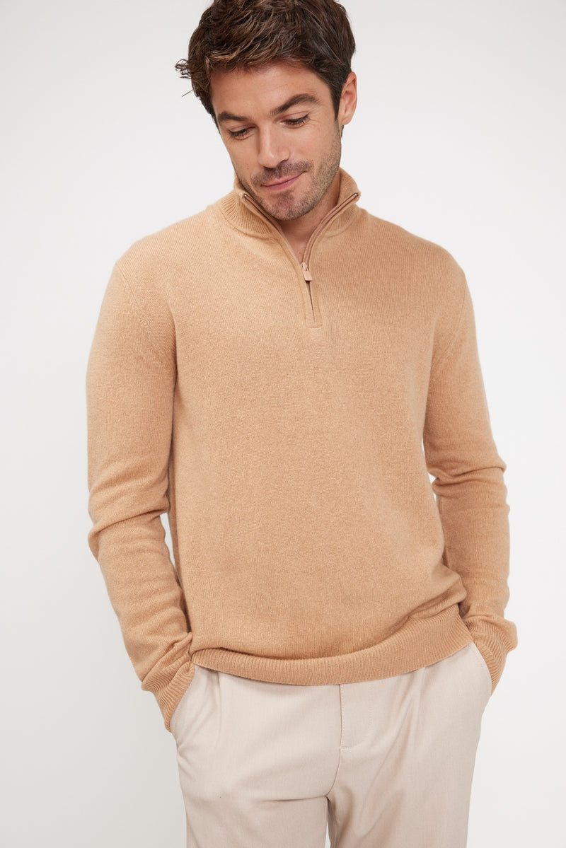 Zalman Suéter de cuello alto con cremallera - Beige - 100% Cachemira Oeko-Tex - Hombre