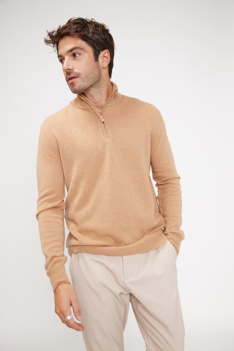 Zalman Suéter de cuello alto con cremallera - Beige - 100% Cachemira Oeko-Tex - Hombre