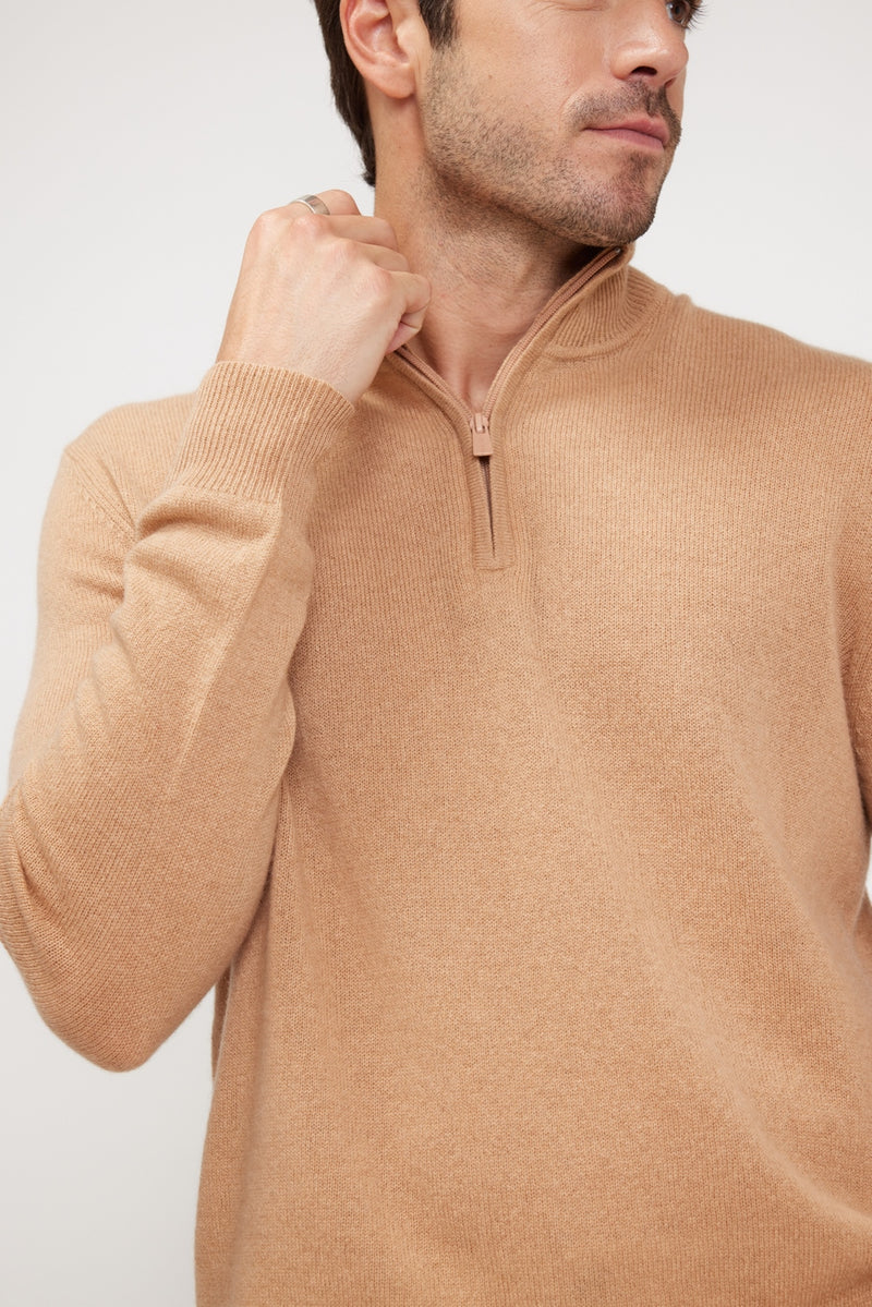 Zalman High Zip Neck Sweater - Beige - 100% Cashmere Oeko-Tex - Man