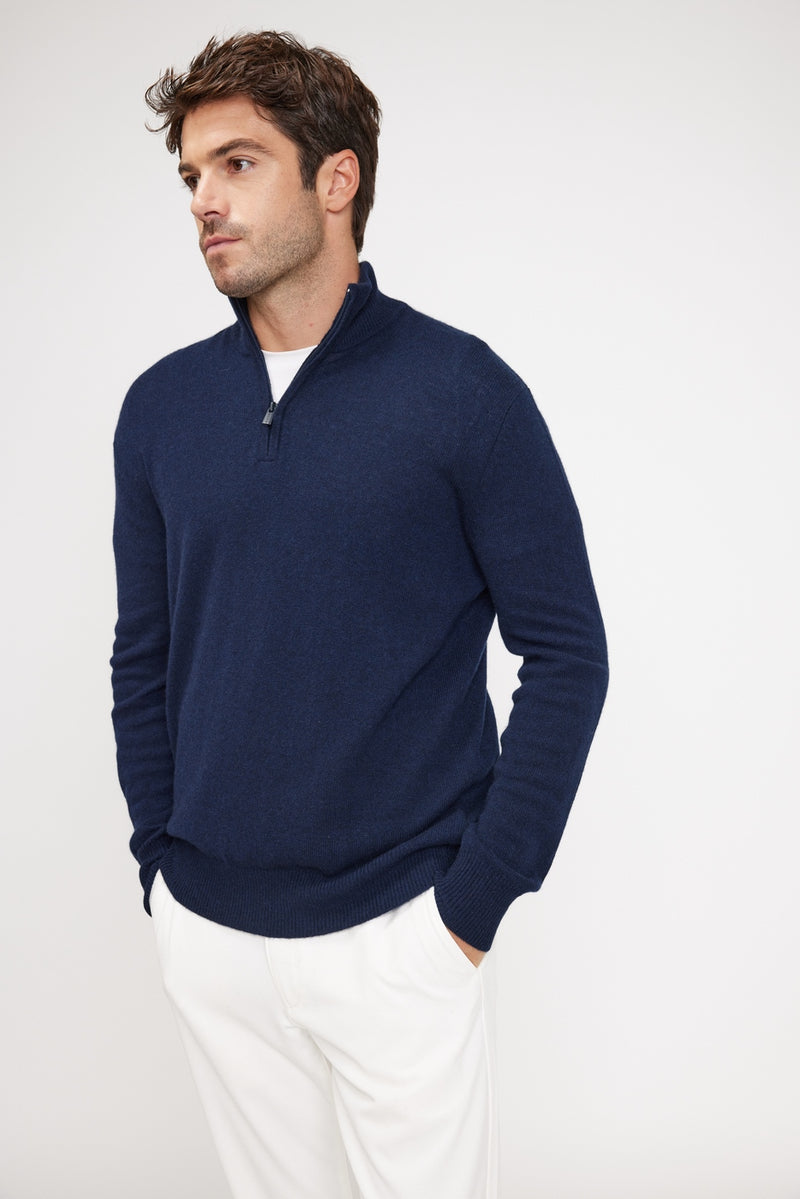 Pull Col Zippe Montant Zalman - Bleu Marine - 100% Cachemire Oeko-Tex - Homme