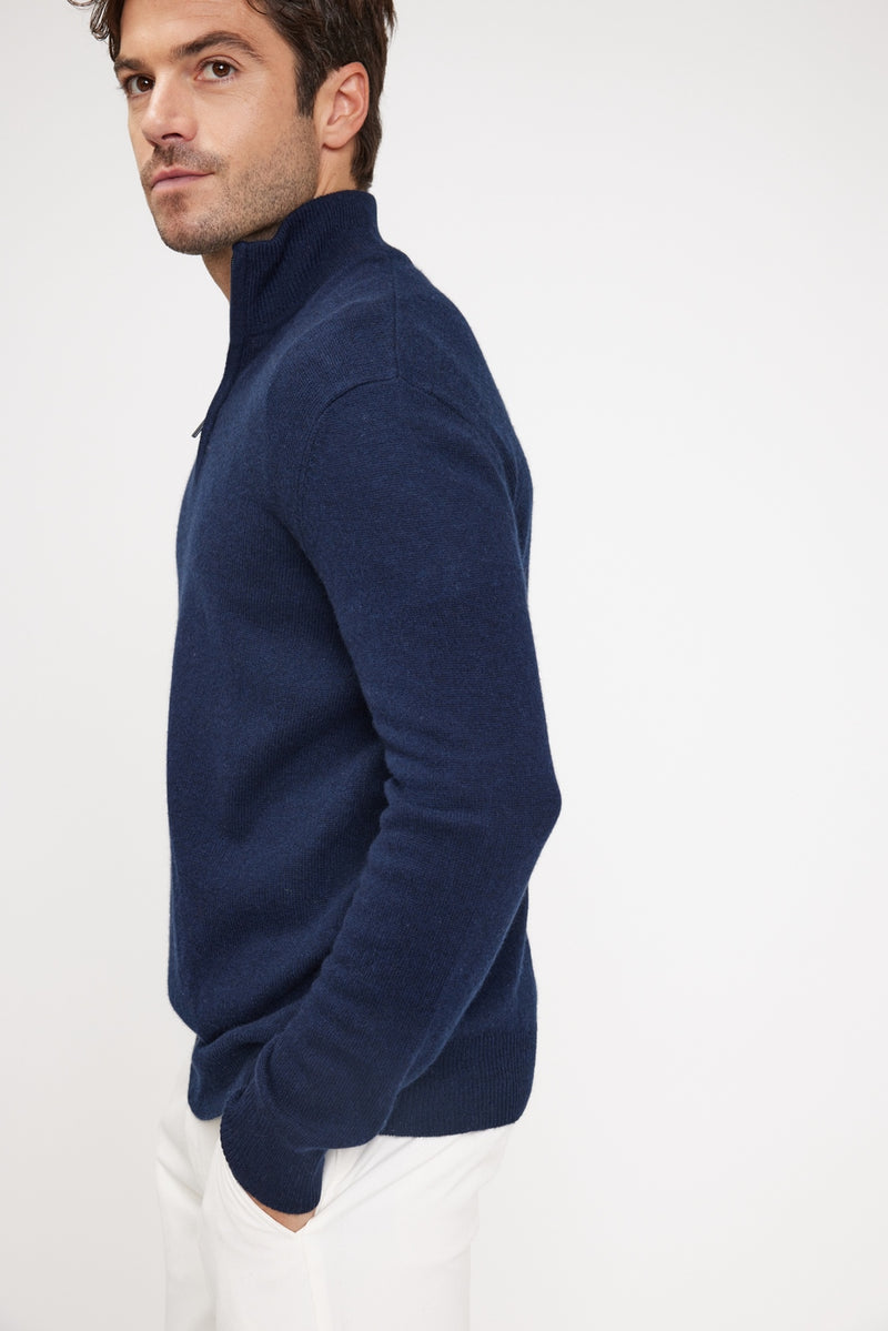 Zalman High Zip Neck Sweater - Navy - 100% Cashmere Oeko-Tex - Man