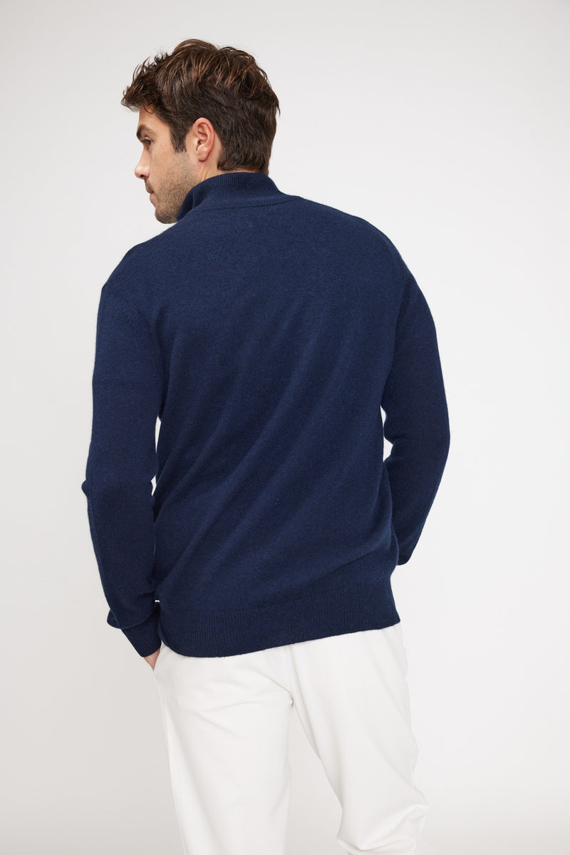 Pull Col Zippe Montant Zalman - Bleu Marine - 100% Cachemire Oeko-Tex - Homme