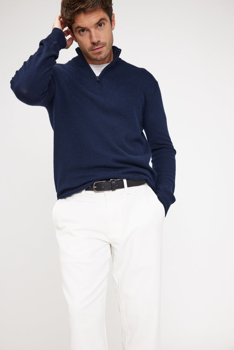 Zalman High Zip Neck Sweater - Navy - 100% Cashmere Oeko-Tex - Man