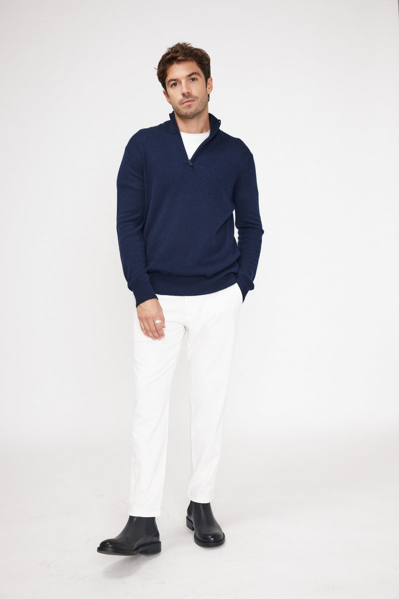 Pull Col Zippe Montant Zalman - Bleu Marine - 100% Cachemire Oeko-Tex - Homme