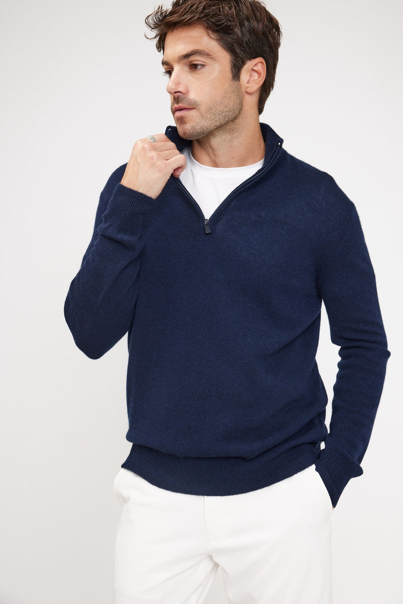 Pull Col Zippe Montant Zalman - Bleu Marine - 100% Cachemire Oeko-Tex - Homme