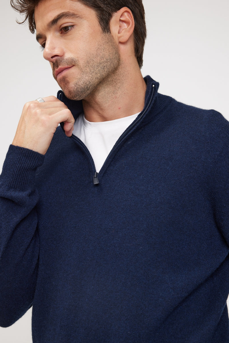 Zalman High Zip Neck Sweater - Navy - 100% Cashmere Oeko-Tex - Man