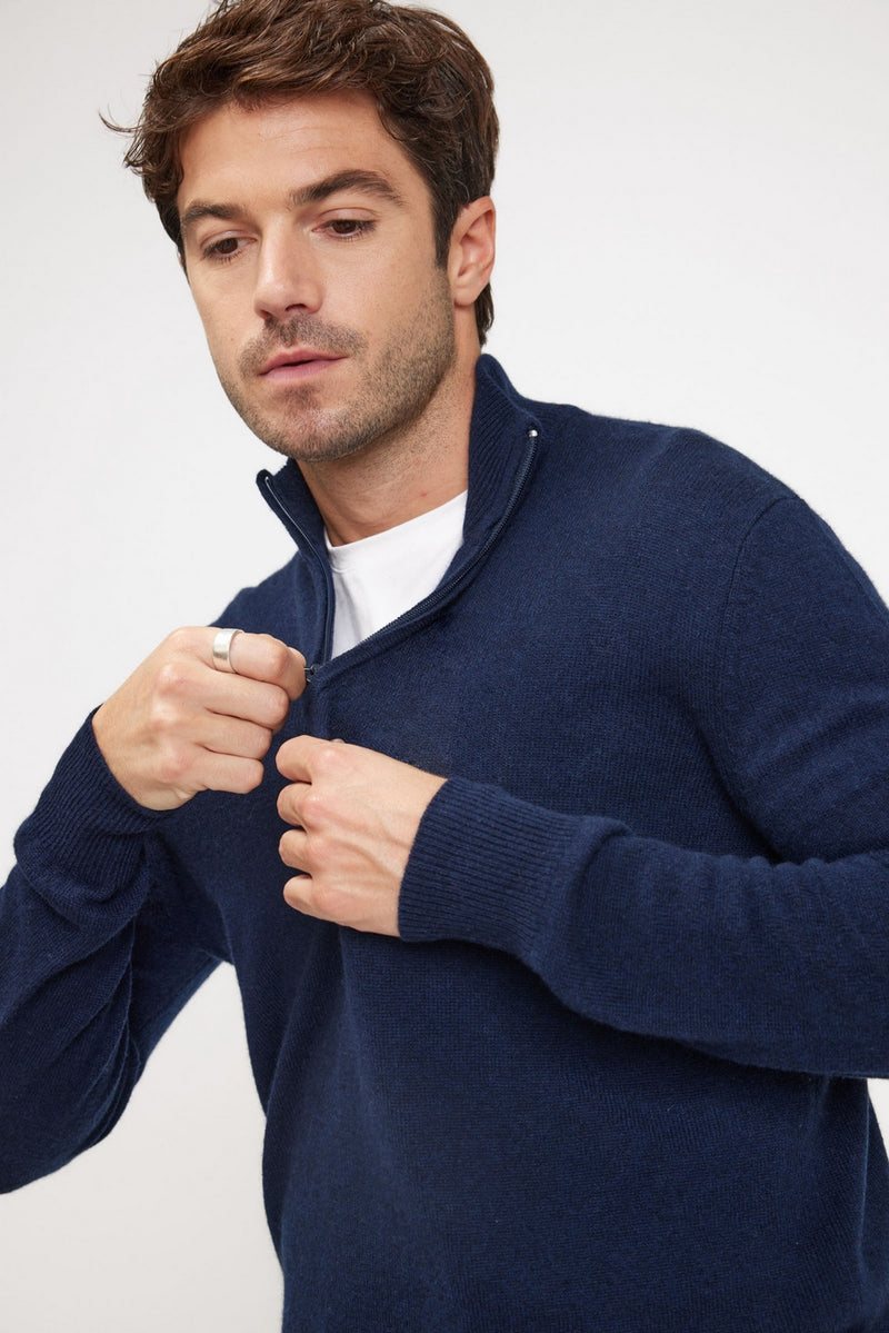 Zalman High Zip Neck Sweater - Navy - 100% Cashmere Oeko-Tex - Man