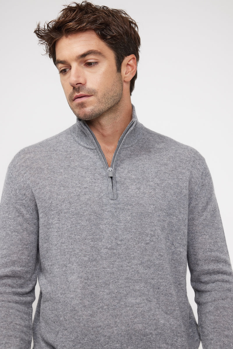 Pull Col Zippe Montant Zalman - Gris Fonce - 100% Cachemire Oeko-Tex - Homme