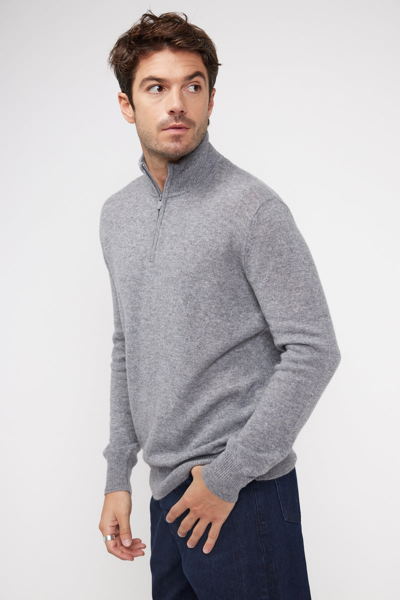 Pull Col Zippe Montant Zalman - Gris Fonce - 100% Cachemire Oeko-Tex - Homme