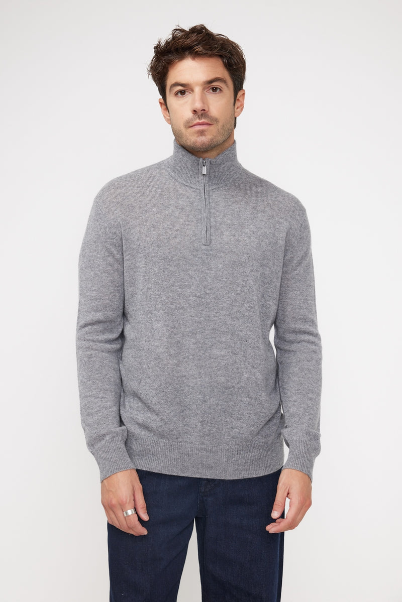 Pull Col Zippe Montant Zalman - Gris Fonce - 100% Cachemire Oeko-Tex - Homme