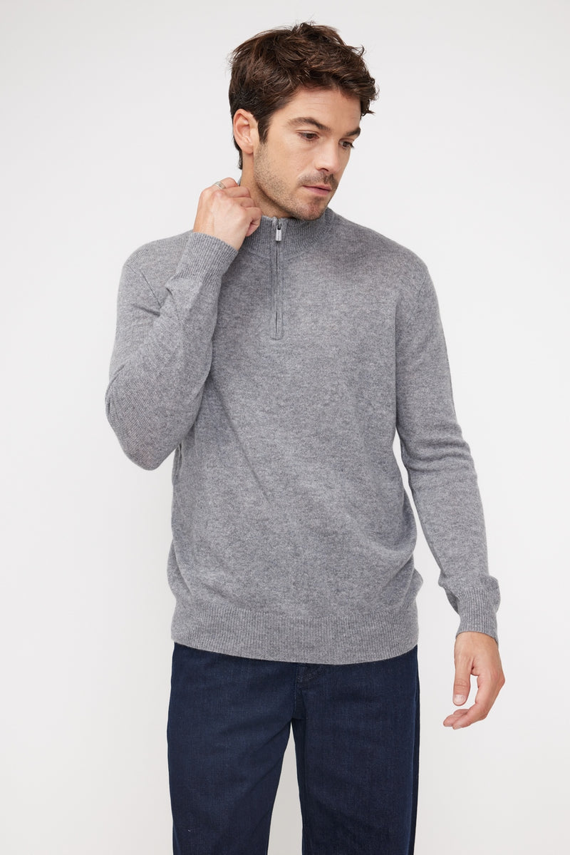 Pull Col Zippe Montant Zalman - Gris Fonce - 100% Cachemire Oeko-Tex - Homme