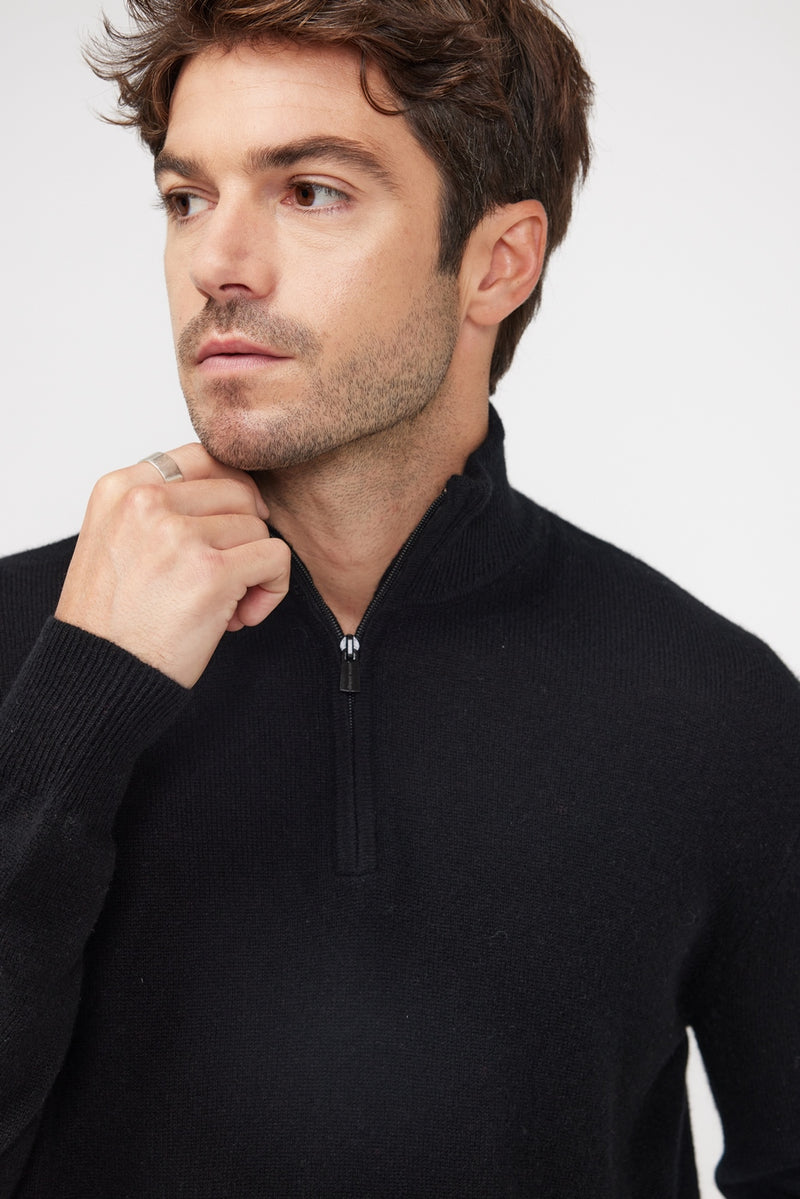 Pull Col Zippe Montant Zalman - Noir - 100% Cachemire Oeko-Tex - Homme