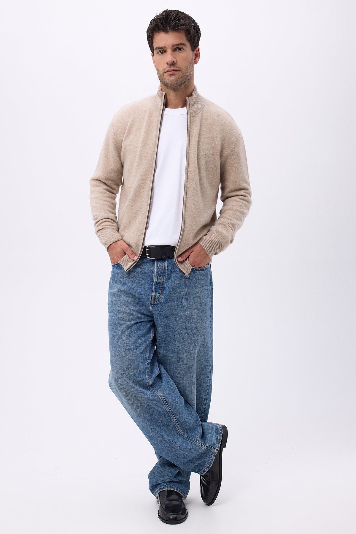 Zamil cardigan med lynlås og høj hals – Creme – Herre