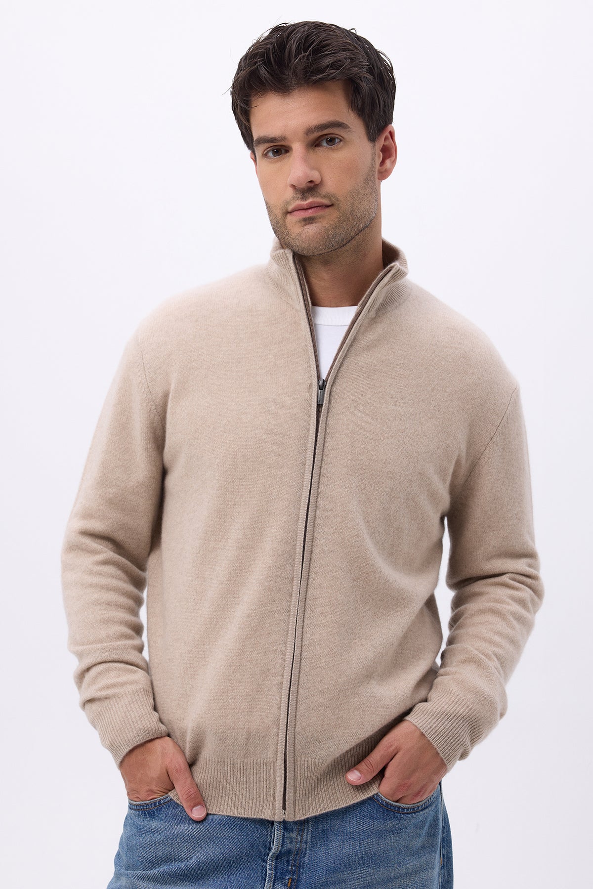 Zamil cardigan med lynlås og høj hals – Creme – Herre