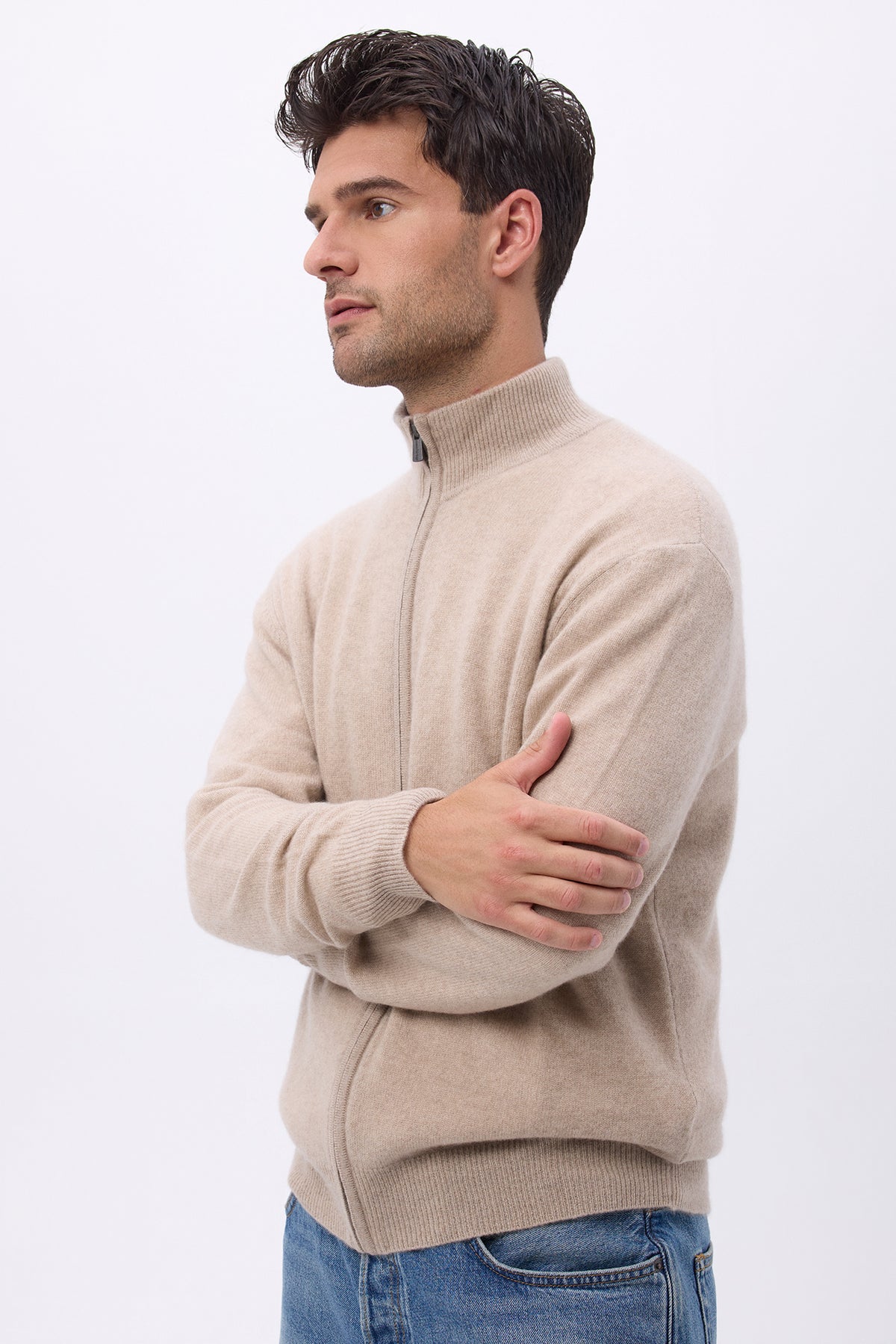 Zamil cardigan med lynlås og høj hals – Creme – Herre