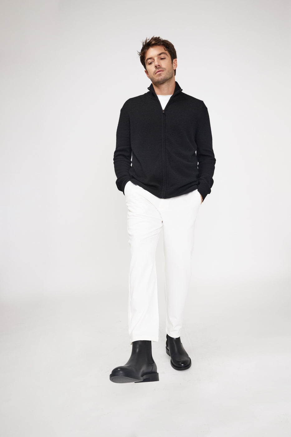 Zamil Zip-Up High-Neck Cardigan - Black