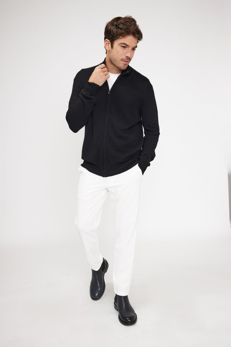 Zamil Zip-Up High-Neck Cardigan - Black